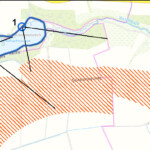 Schraffiert: Die genaue Ausdehnung des Windkraftgebietes. Die Ufer des Wendebachstausees sind blau gekennzeichnet.